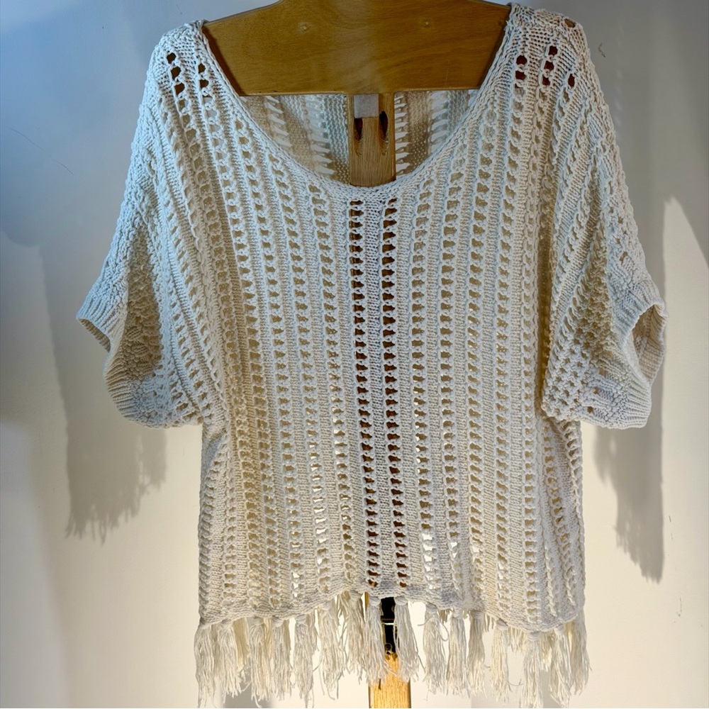 American Eagle Outfitters Cream Open-Knit Fringe Sweater